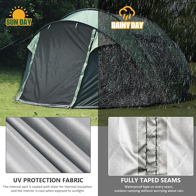 Pop Up Tents for Camping, 2/3/4 Person Camping Tent with Extra Storage, UV Protection Waterproof Tent Fully Taped Seams, 2 Doors Easy Pop Up Tent for Camping, Hiking and Traveling