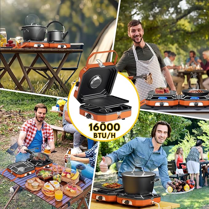 Adjustable 2 Burner Popane Stove with 16000 BTU, Flameout Protection, with Camping Grill and Carrying Bag, Portable Camping Stove for Camping, Backyard BBQ,Tailgating (Orange)