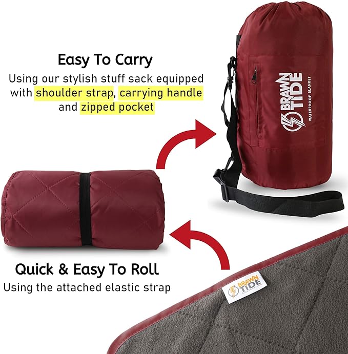 BRAWNTIDE Large Outdoor Waterproof Blanket - Extra Thick Fleece, Warm, Windproof, Sandproof, Quilted, 82" x 55", Ideal for Beaches, Picnics, Camping, Stadiums, Dogs, Car