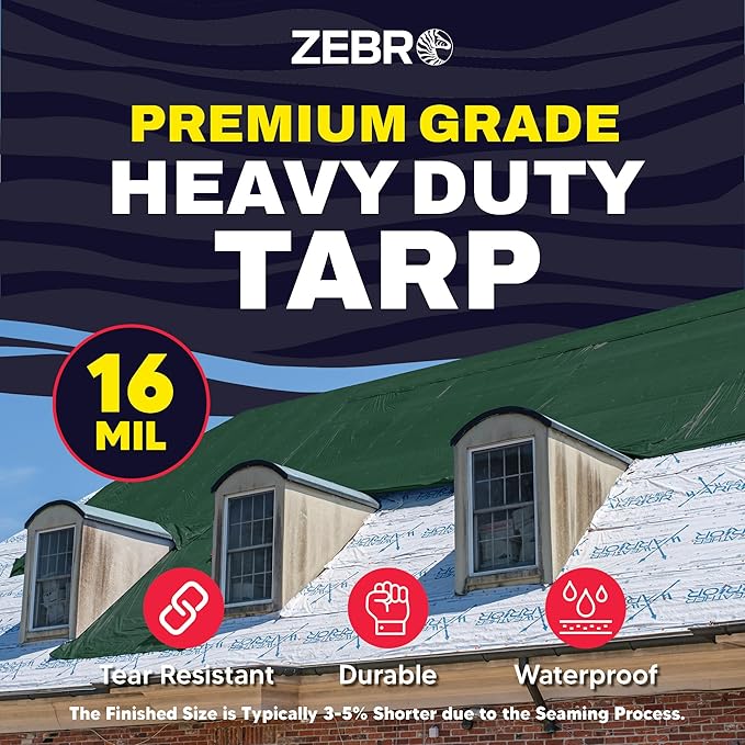 10' x 20' Green Heavy Duty Tarp with Grommets Reinforced - 16 Mil Thick - Double Sided Plastic Tarps Waterproof - Large Tarpaulin Cover for Outdoor Camping Over/Under Tent Tarp RV Roof Rain - Zebro