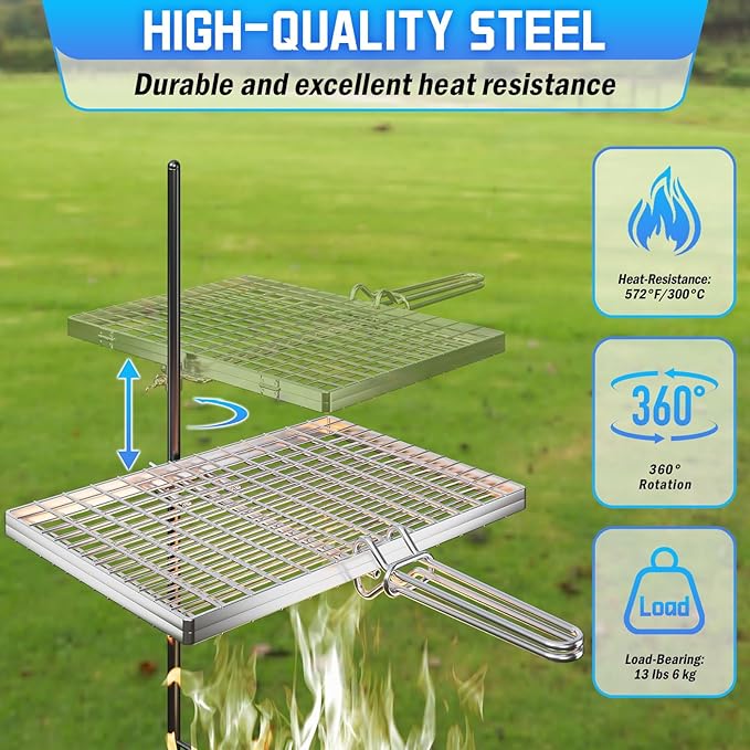 Swivel Campfire Grill Grate, 360°Adjustable Heavy Duty Steel Grate Camping Grill, Portable Camping Essentials, BBQ Over Fire Pit Grill, Fire Racks Cooking Equipment for Outdoor Open Flame Cooking