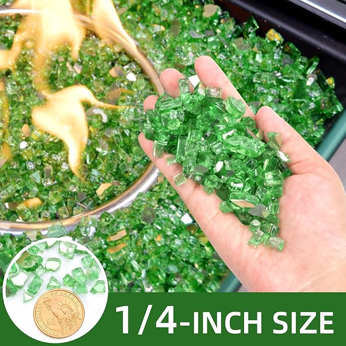 10 Pounds Fire Glass 1/4 Inch High Reflective Tempered Firepit Glass Rocks for Fireplace, Fire Pit Table, Fire Bowl and Landscaping (Emerald Green)