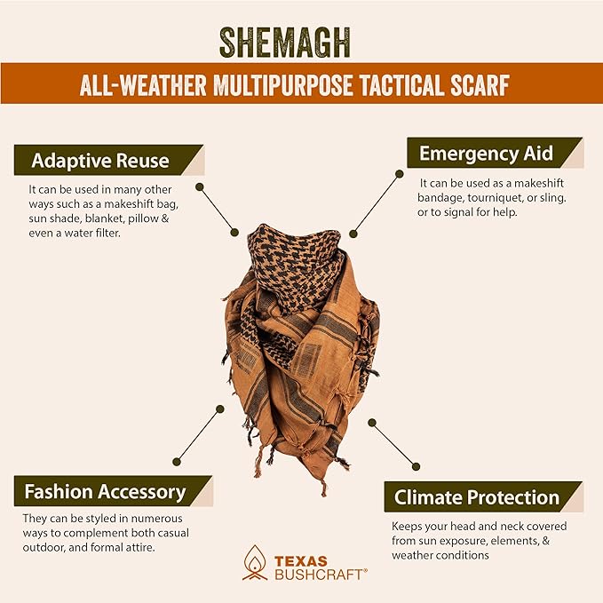 Texas Bushcraft Tactical Shemagh - Authentic Keffiyeh 100% Cotton for your Camping, Hiking and Backpacking Gear
