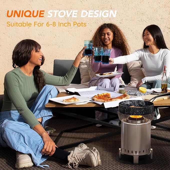 Mini Smokeless Tabletop Fire Pit with Pan Stand, Portable Stainless Steel Firepit Stove for Camping, Burns Pellets or Wood, Includes Travel Bag, Silver