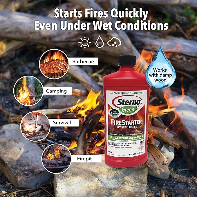 Sterno Fire Starter Fluid Gel - Firestarter for Instant Flame, Concentrated Ethanol Fuel for Camp Fire or Fireplace, All-Weather Ethanol Burner for Indoor & Outdoor, 16 Oz Each, Pack of 6 Bottles