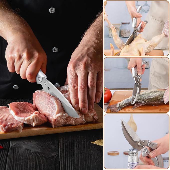 Kitchen Shears for food - Heavy Duty Kitchen Scissors Stainless Steel Poultry Shears for Meat Bones Seafood, All Purpose Food Scissors, Detachable Blades, Ergonomic Handle, Dishwasher Safe Silver