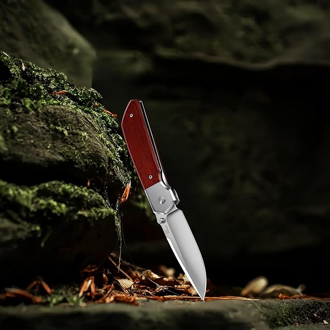 Small Folding Pocket Knife, Drop-Point D2 Blade, Sturdy Wooden Handle, Deep Carry Pocket Clip – Ideal for Camping, Hunting, Hiking & EDC, Gift for Women, Men