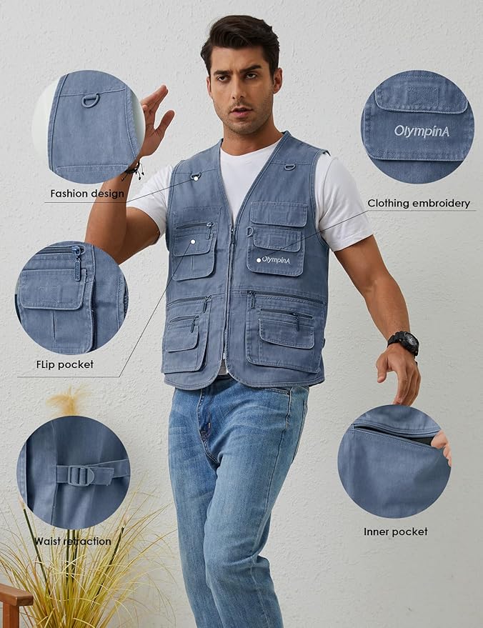 Gihuo Men's Fishing Vest Casual Utility Travel Safari Cargo Outdoor Work Photo Fly Vest Jacket with Multi Pockets