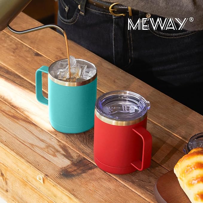 MEWAY 12oz Coffee Mug With Handle 2 Pack Bulk,Stainless Steel Insulated Travel Tumblers With Sliding Lid,Double Wall Vacuum Camping Cup for Hot & Cold Drinks Tea (Red,Set of 2)