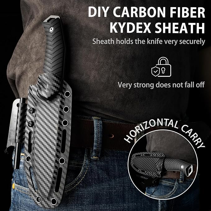 LOTHAR BAT Survival Knife, Full Tang D2 Steel Fixed Blade Knife with G10 Handle, Tactical Hunting Horizontal Carry Knives with Kydex Sheath, Bushcraft Camping Knives, Gifts For Men