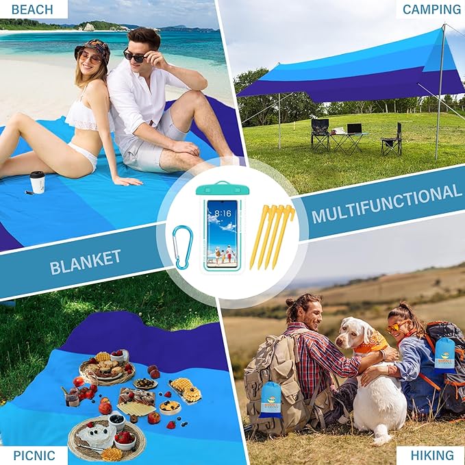 BYDOLL Beach Blanket Waterproof Sandproof 78''ร81'' Suits1-4 Adults Compact Lightweight Oversized Sand-Free Blanket Large Picnic Mat for Beach Travel Camping Hiking