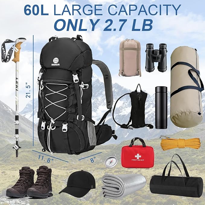 60L Hiking Backpack Water Resistant Camping Backpack with Rain Cover Large Outdoor Travel Daypack for Men Women (01-Black)