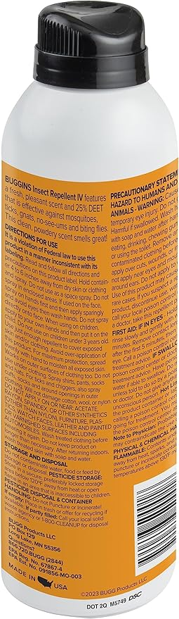 BUGGINS IV Performance - Insect Repellent - Mosquitoes, Gnats, Ticks, and Biting Flies, 25% DEET, Powdery Scent - 6 oz Continuous Spray Can