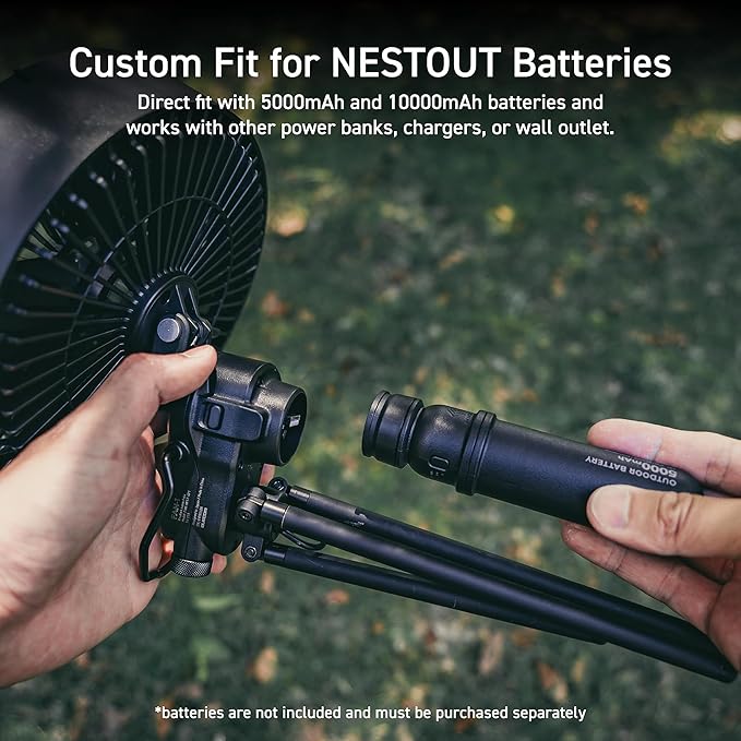 NESTOUT Outdoor Camping Fan with Tripod, 4 Speed Settings & Breeze Mode, 3 Angle Oscillation, 90° Adjustable Tilt, Auto Timer (30/60/90 mins), USB C Compatible, Portable Tent Fan (Black)
