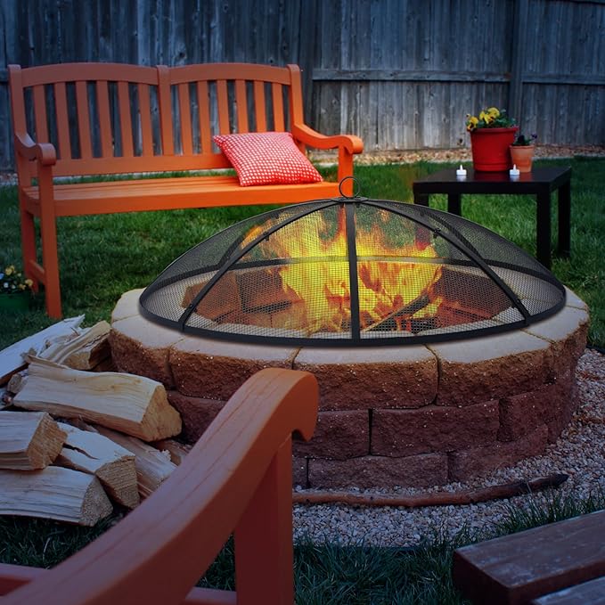 Lineslife Fire Pit Screen 36 Inch Round, Heavy Duty fire pit spark screen with Handle & Poker, Outdoor Firepit Screen Mesh Cover, Collapsible Metal Fire Pit Lid Top for Patio Backyard Beach RV Camping