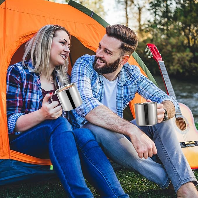 6 Pack Stainless Steel Coffee Mug with Handle, 18.5 Oz Metal Camping Coffee Cup, Unbreakable Portable Hiking Cup Tea Water Drinking Cups for Outdoor Travel, Picnics, Hot Cold Drinks