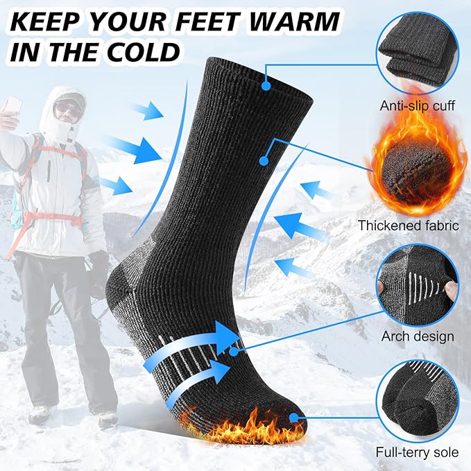 Merino Wool Socks for Men and Women Thermal Crew Winter Hiking Warm Boot Socks For Work With Cushioned Sole 3 Pairs
