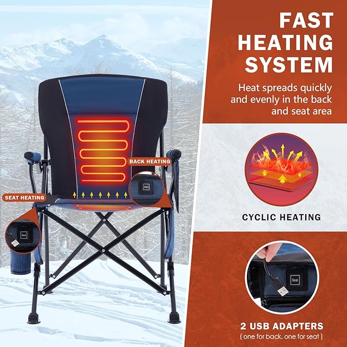 Heated Camping Chair Portable for Outdoor Sports Heavy Duty Heated Folding Lawn Chair Support 400lbs, Collapsible Heated Seat with Cup Holder&Carry Bag for Outside, Navy(2 Battery Pack Required)