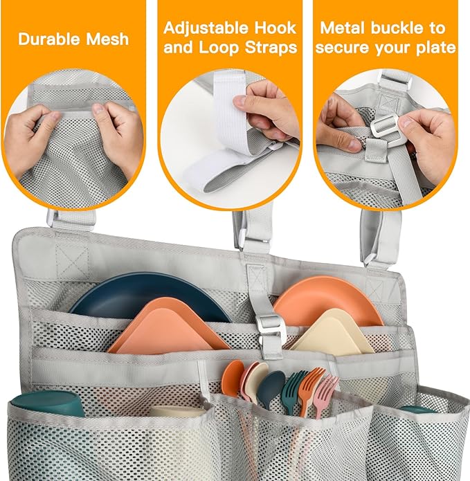 Xxerciz Camping Dish Drying Bag Collapsible Dish Drying Rack, Portable Mesh Dinnerware Drainer Organizer for RV Campers Travel Trailers Space Saving Camping Kitchen Storage Rack (Gray)