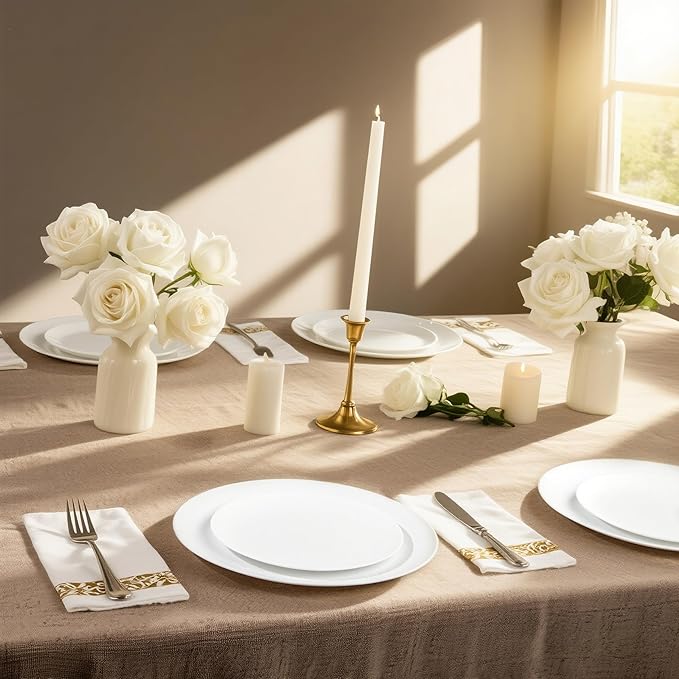 WONDERFUL 32pcs White Plastic Plates Reusable Unbreakable Dinnerware Set Dishes Set Dishwasher Safe Outdoor Wedding Plates Includes:16 Dinner 10" and 16 Dessert Plate 7.3" Ideal for BBQ Camping Picnic
