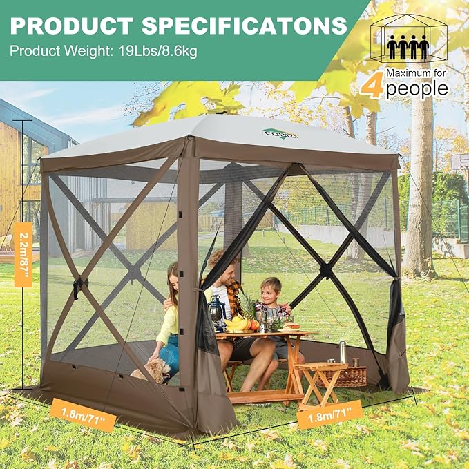 COBIZI 6x6 Pop up Gazebo Tent on Clearance, Ez up Waterproof Screen Tent Screen House with 3 sidewalls,Portable Outdoor Canopy with Carry Bag & Ground Stakes for Camping,Garden and Picnics, Brown