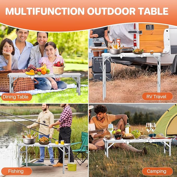 FUNYKICH 3ft Folding Camping Table with 3 Adjustable Height, 34.2'' Lx15.7'' W Portable Picnic Tables, Lightweight Aluminum Outdoor Table with Carry Handle for Camping, Backyard Party, Picnic, Beach