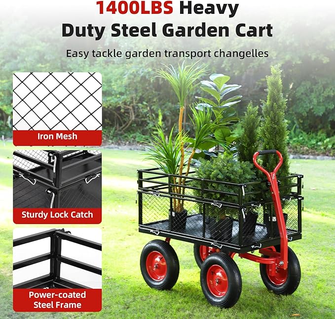 1400lbs Steel Garden Cart, Heavy Duty Yard & Garden Wagon w Removable Mesh Sides, Utility Metal Wagon Convert into Flatbed w 2-in-1 Rotating Handle, 16 inch All Terrain Wheels for Garden, Farm, Yard