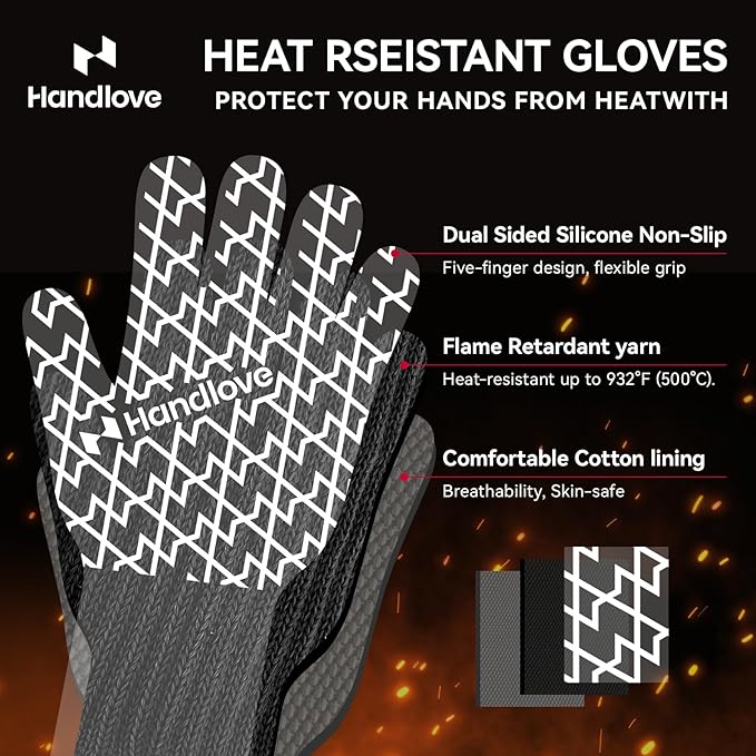 HandLove BBQ Gloves, Oven Gloves with Fingers – Heat Resistant Gloves for Grilling | Silicone Grip, Long Cuff Mitts - Kitchen & Outdoor Barbecue, Cooking, Baking, Black,L
