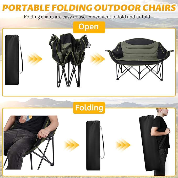 UBALANCE Double Camping Chair - Oversized Two Person Camp Chair with 650 lb. Load Capacity - Army Green - Ideal Camping Gear for Outdoor Adventures