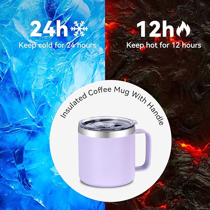 VEGOND 14 oz Insulated Coffee Mug Bulk with Handle, Stainless Steel Travel Coffee Mug with Lid, Double Wall Vacuum Metal Coffee Cup, Coffee Tumbler Powder Coated, Purple 4 Pack