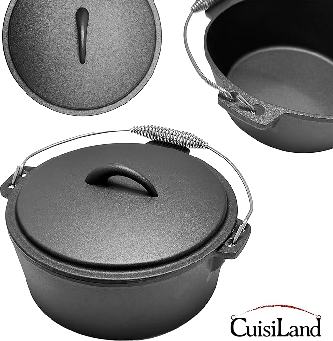 Cuisiland 4.5QT Cast Iron Dutch Oven with Dome Lid & Bail Handle – Pre-Seasoned Campfire Pot for Outdoor Cooking, Baking, Braising & Stews – Heavy-Duty, Even-Heat Casserole Pot for Camping & Home Use