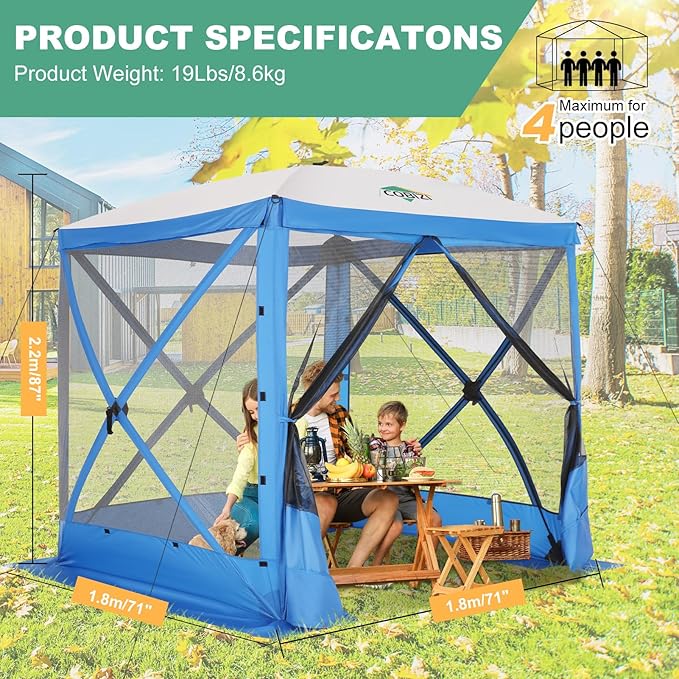 COBIZI 6x6 Pop up Gazebo Tent, Ez up Waterproof Screen Tent Screen House, Portable Outdoor Canopy Sun Shelter with Carry Bag & Ground Stakes for Camping, Garden and Picnics, Blue(Upgraded 2.0)