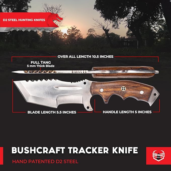10" Handmade D2 Steel- Fixed Blade Hunting Knife With Sheath-Rosewood Handle-Full Tang Survival, Tactical, Camping, Bushcraft knife-Ideal For EDC-Outdoor-Best Hunting Knives For Men.