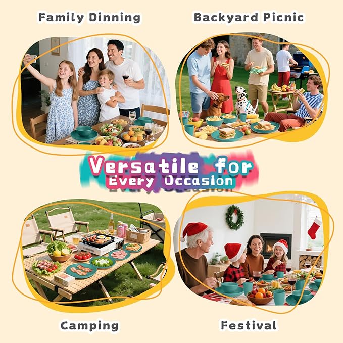 Wheat Straw Dinnerware Sets, 32 PCS Dishes Set for 8, Unbreakable Plates and Bowls Sets, Microwave Safe Dinnerware Set for Kitchen Outdoor Camping RV - Green