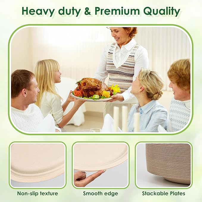 Compostable Oval Paper Plates, 12.5Inch 25Pack Disposable Heavy Duty Bagasse Platters Eco-Friendly Biodegradable Sugarcane Plates for BBQ, Party, Picnic - Natural Brown