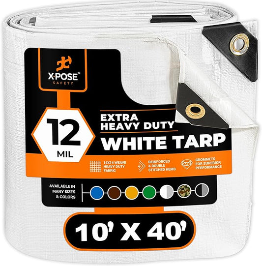 Heavy Duty White Poly Tarp 10' X 40' - Multipurpose Protective Cover - Durable, Waterproof, Weather Proof, Rip and Tear Resistant - Extra Thick 12 Mil Polyethylene - by Xpose Safety