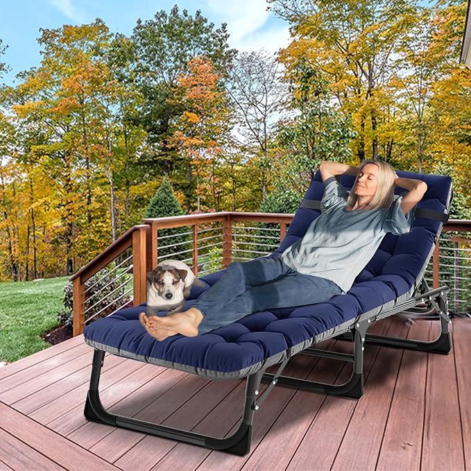 Camping Cot, Adjustable 4-Position Adults Reclining folding Chaise with Pillow, Outdoor portable Lounge Chair Sleeping Cots Bed, Perfect for Camping, Pool, Beach, Patio, Navy Blue
