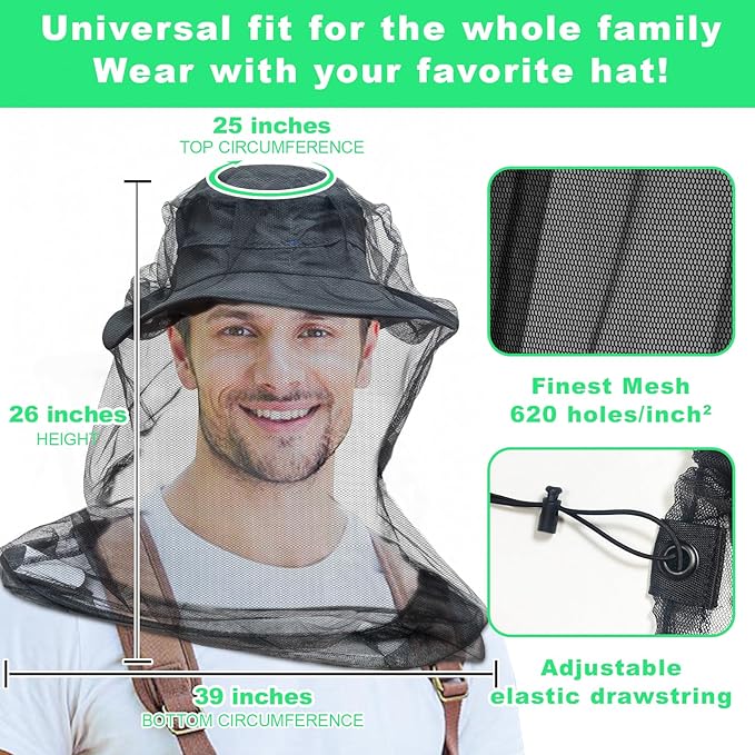 tupi Premium Mosquito Head Net Mesh, 2 Pack Bug Face Net for Fly & Mosquito Protection | Ultra Large & Long, Finest Holes for Camping, Hiking, Fishing, Gardening, Safari, Fits All Hats for Men & Women