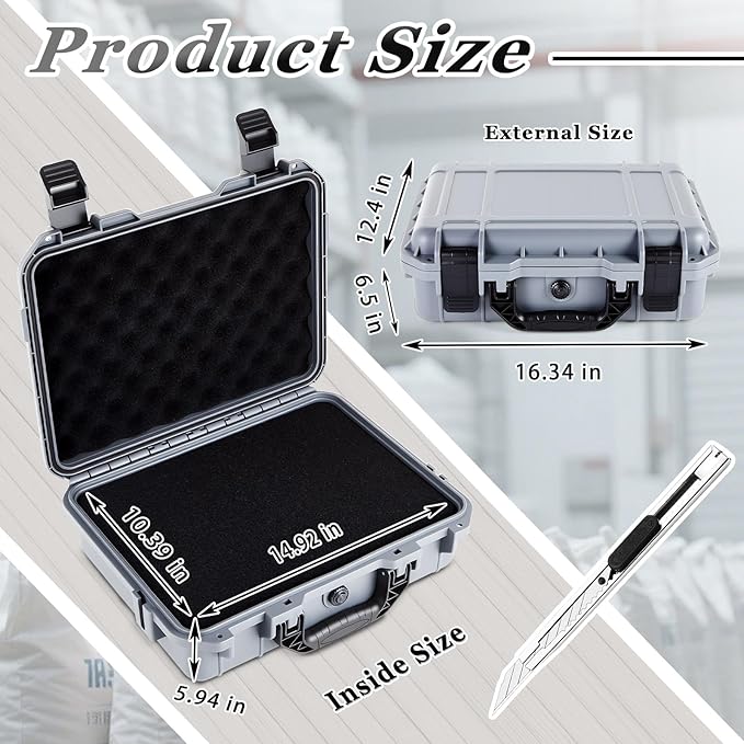 16.3 x 12.4 x 6.5 Inch Waterproof Hard Case with DIY Customizable Foam Insert Portable Protective Case with Knife for Camera Drones Equipments Tools Test Instruments (Gray)