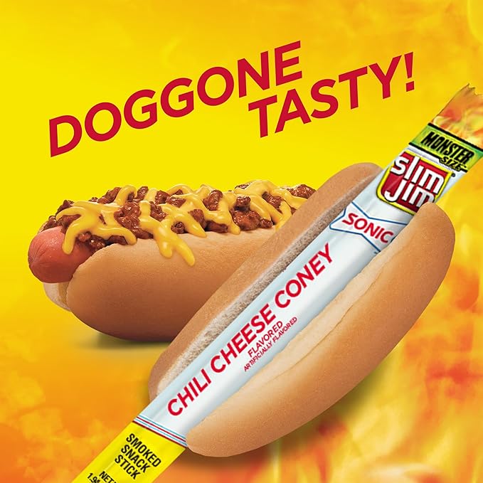 Slim Jim Monster Smoked Meat Sticks, Sonic Chili Cheese Coney Flavor, High Protein, 1.94 oz. (18 Count)