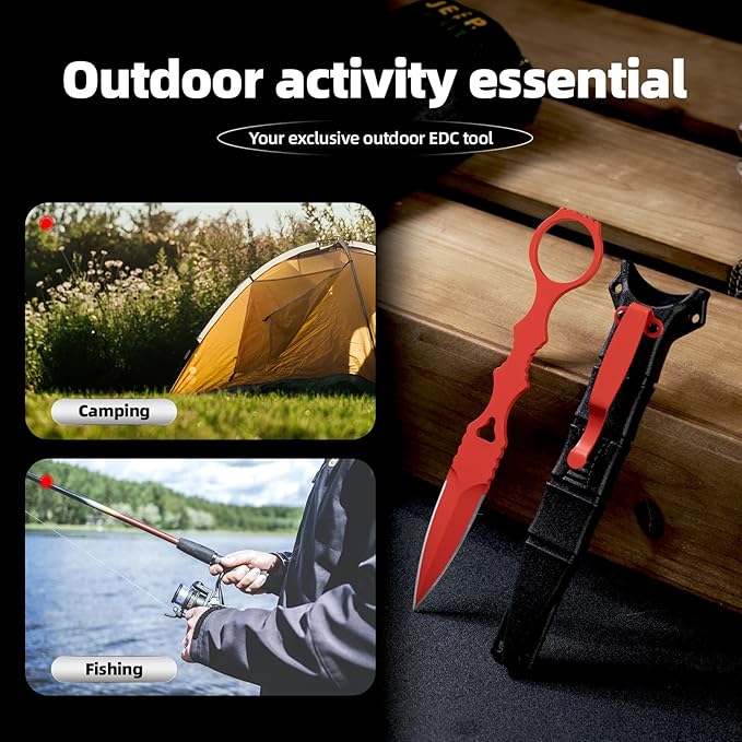 XXOK Actical Knife Portable Knife 7.0 Inch 440C Fixed Blade Knives Outdoor camping portable straight knife with protective cover available in red and green colors (red)