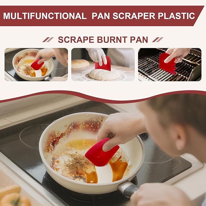 Griddle Scraper Set Includes A Wide Grill Scraper (Burger Scraper, Spatula Burger), 2 Stainless Steel Cleaning Scrapers and 3 Pan Scraper, Griddle Cleaning Kit for Blackstone.