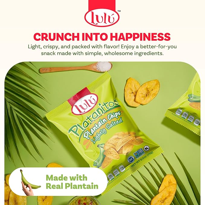 LULU Plantain Chips - Lightly Salted, 30 Individual Bags (2.5 Oz Each) - Crunchy, Delicious, Kosher, Gluten-Free Healthy Snacks - No Preservatives or Artificial Colors, Sustainably Sourced Plantains