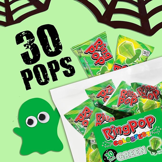 Ring Pop Green Halloween Candy Lollipops, 30Ct Bulk Candy Individually Wrapped in Green Watermelon Flavor, Full Size, Fun Hard Candy For Trick or Treat, Halloween Bowls, Gifts, Party Favors for Kids