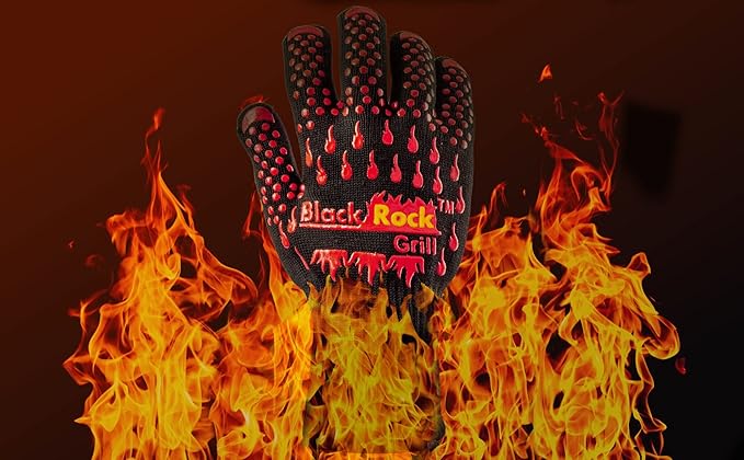 Black Rock Grill Fire & Heat Resistant Cooking Gloves 923F -30cm Silicone Safety Oven Mitts with Fingers- Gloves for Grilling, BBQ, Fireplace, Lava Stones, EN407,EN388, EN ISO 21420 Certified (Large)