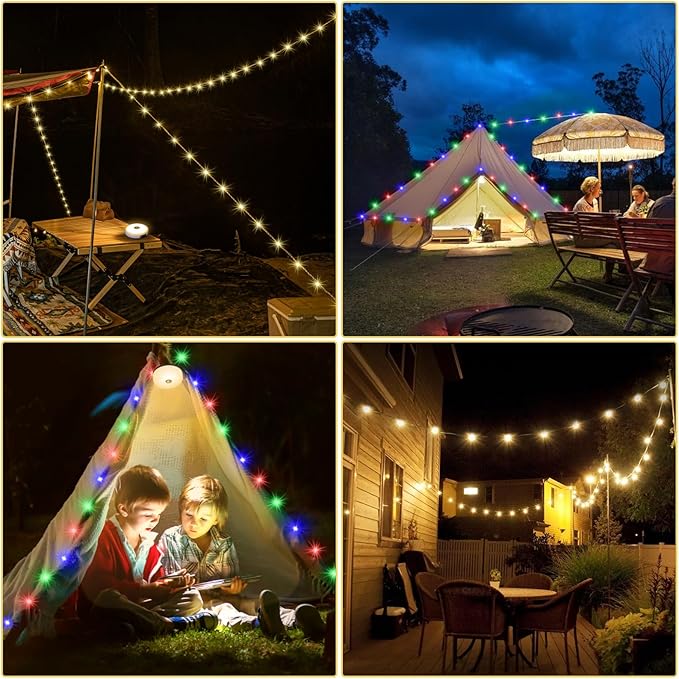 Camping String Lights, Outdoor String Lights with 8 Lighting Modes, Rechargeable String Light Camping 2 in 1, Waterproof Portable Stowable USB Camping Lights for Camping, Yard, Party Decor 32.8 ft