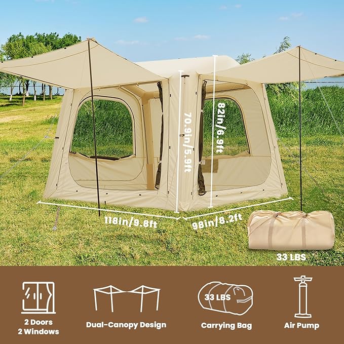 Inflatable Tents for Camping, Blow Up Tent with Hand Pump, Easy Setup InflatableTent 4 Season Tent, Waterproof Oxford Air Glamping Tents for Camping Adult 4/6/8 Person