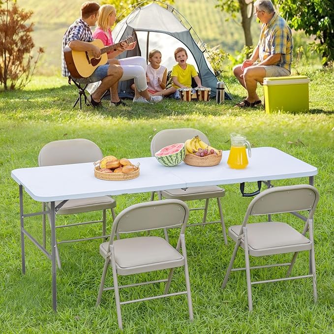 Simple Deluxe 4 FT Foldable Table with Built in Handle & Steel Legs, Heavy Duty Portable Table, Folding Table Outdoor Indoor with Carrying Handle for Camping, Picnic, Party, White
