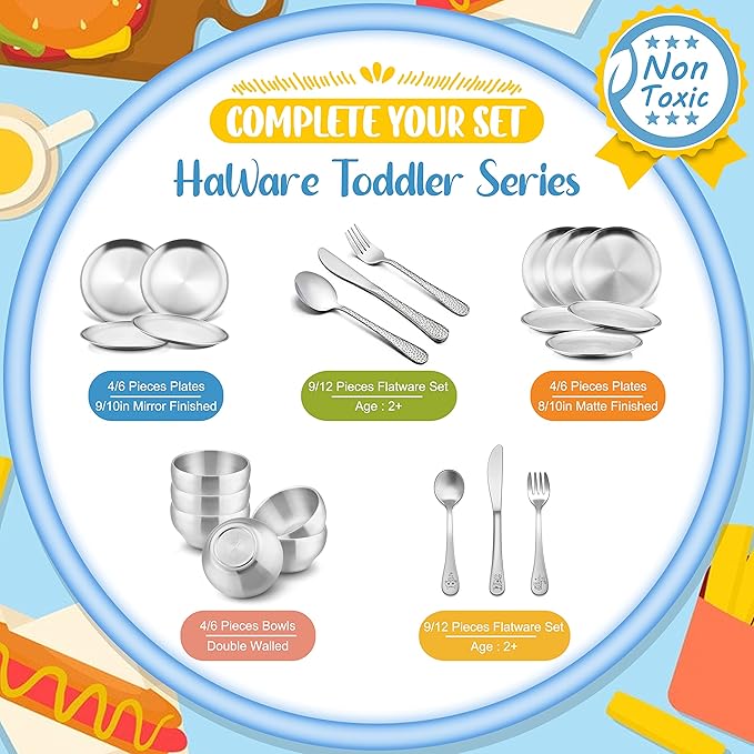 HaWare 6-Piece 18/8 Kids Plates, Stainless Steel 304 Dinner Dishes for Toddlers Children, 10 Inches Feeding Serving Camping Metal Plates, Reusable Dinnerware, Shatterproof & Non-toxic, Dishwasher Safe