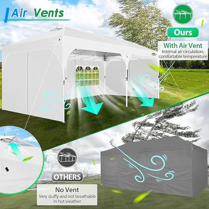 COBIZI 10x20 Pop up Canopy Tent with 4 Sidewalls Outdoor Canopy Tent for Party with Push Center Lock & Air Vent, 2000mm+Waterproof Gazebo Canopy UPF 50+with 4 Sandbags,12 Stakes & 6 Ropes,White